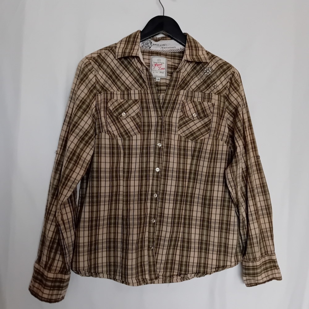 Point Zero Nicole Benisti Plaid Button-Up Shirt With Rhinestone Detail - L